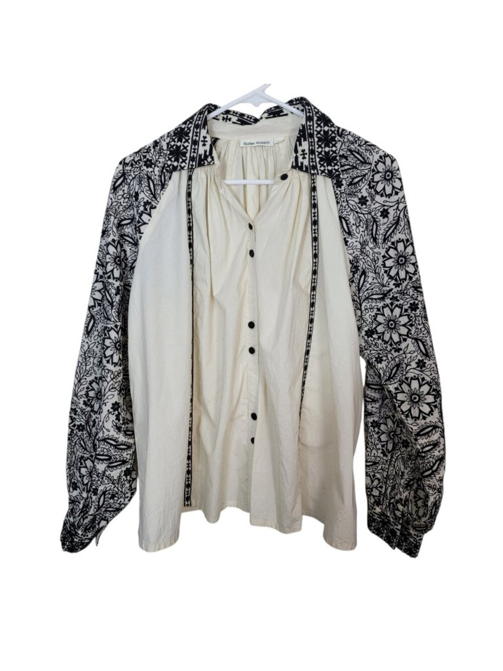 Roller Rabbit Cream Black Embroidered Dolman Sleeves & Collar Blouse Sz Small